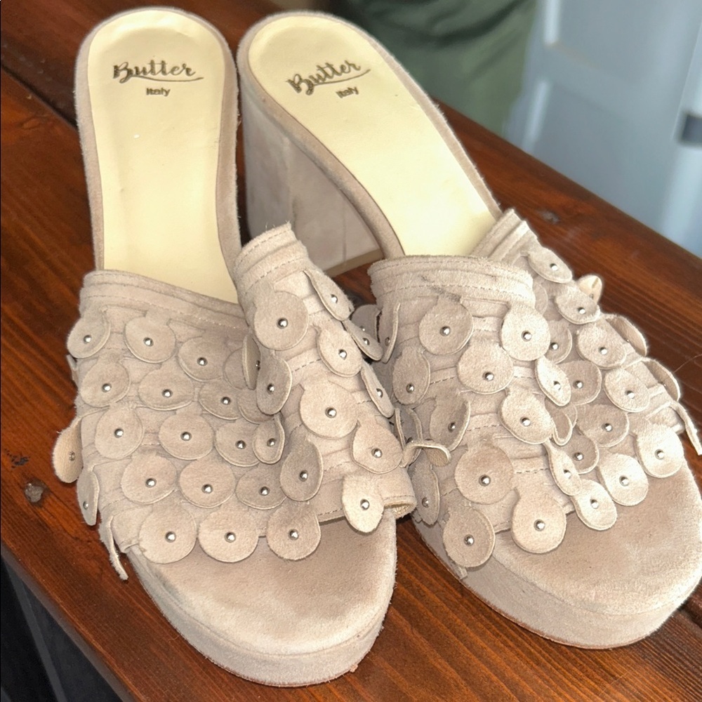 Butter Beige Suede Embellished Mules